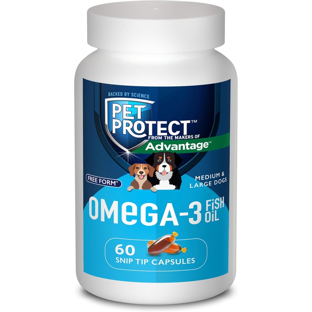 Pet Protect Medium And Large Dog Omega-3 Supplement Proprietary Free Form Blend Snip-Tip Capsules 60 Count