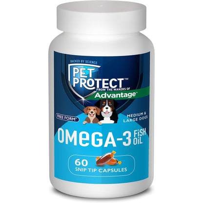 Pet Protect Medium And Large Dog Omega-3 Supplement Proprietary Free Form Blend Snip-Tip Capsules 60 Count