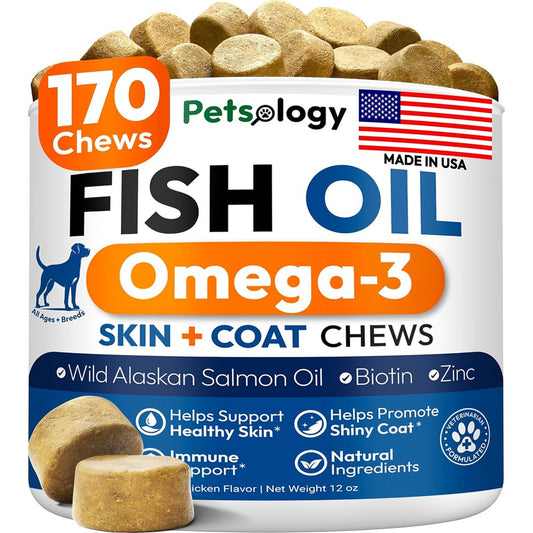 Petsology Omega 3 Fish Oil For Dogs Skin And Coat Supplement For Itchy Skin And Allergy Relief Chicken Flavored 170 Chews