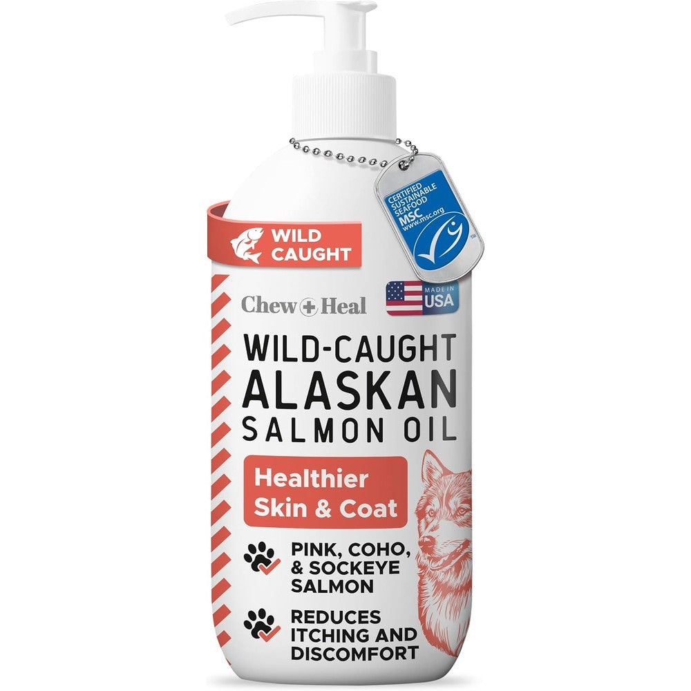 Chew + Heal Labs Wild Alaskan Salmon Oil Supplement For Dogs And Cats Omega 3 Fish Oil For Skin Coat And Joint Support Eight Ounce Bottle