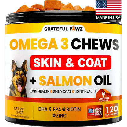 Grateful Pawz Omega 3 Fish Oil For Dogs Chews Allergy And Itch Relief Skin Coat Joint Health Supplement Chicken Flavor 9 Ounce 120 Soft Chews