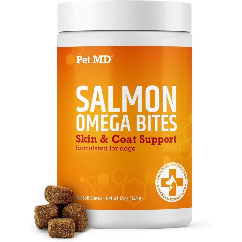 Pet MD Salmon Omega Bites for Dogs Skin and Coat Support Supplement with Omega 3 and 6 DHA and EPA Fatty Acids 120 Count