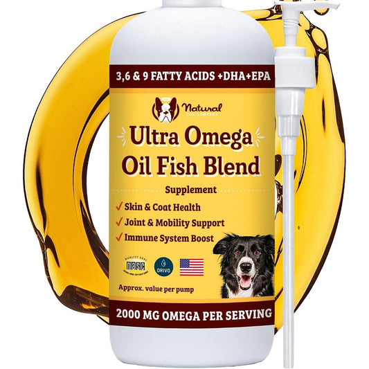 Natural Dog Company Ultra Omega Oil For Dogs Two Thousand Milligrams Omega Three Six Nine Fish Oil Skin Coat Joint Support Supplement Sixteen Ounces