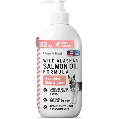 Chew + Heal Labs Wild Alaskan Salmon Fish Oil Supplement Formula For Dogs With Omega 3 And 6 Fatty Acids And Vitamin D 32 Ounce