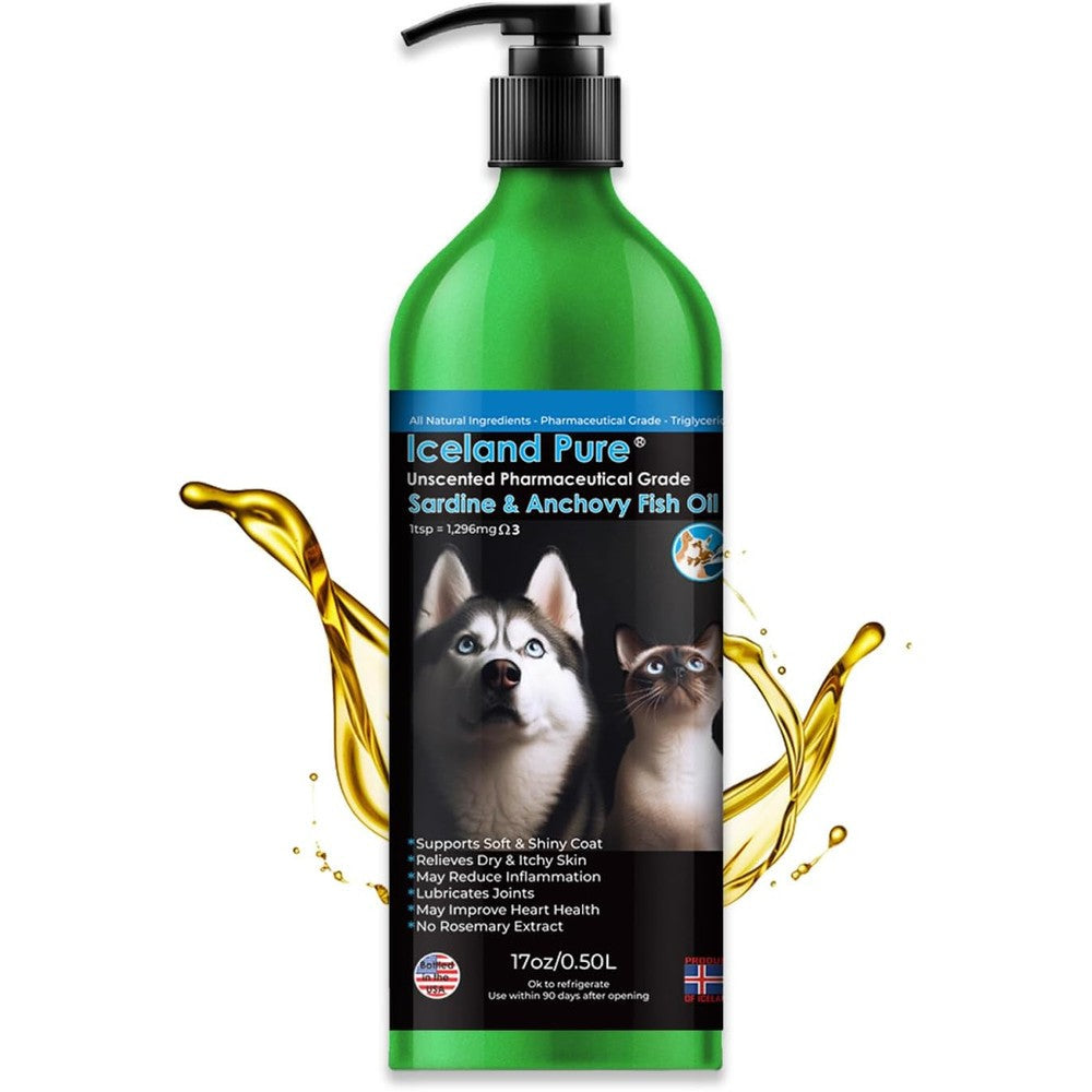 Iceland Pure Unscented Pharmaceutical Grade Sardine And Anchovy Fish Oil Omega Three Liquid Supplement For Dogs And Cats 14 Ounce To 17 Ounce