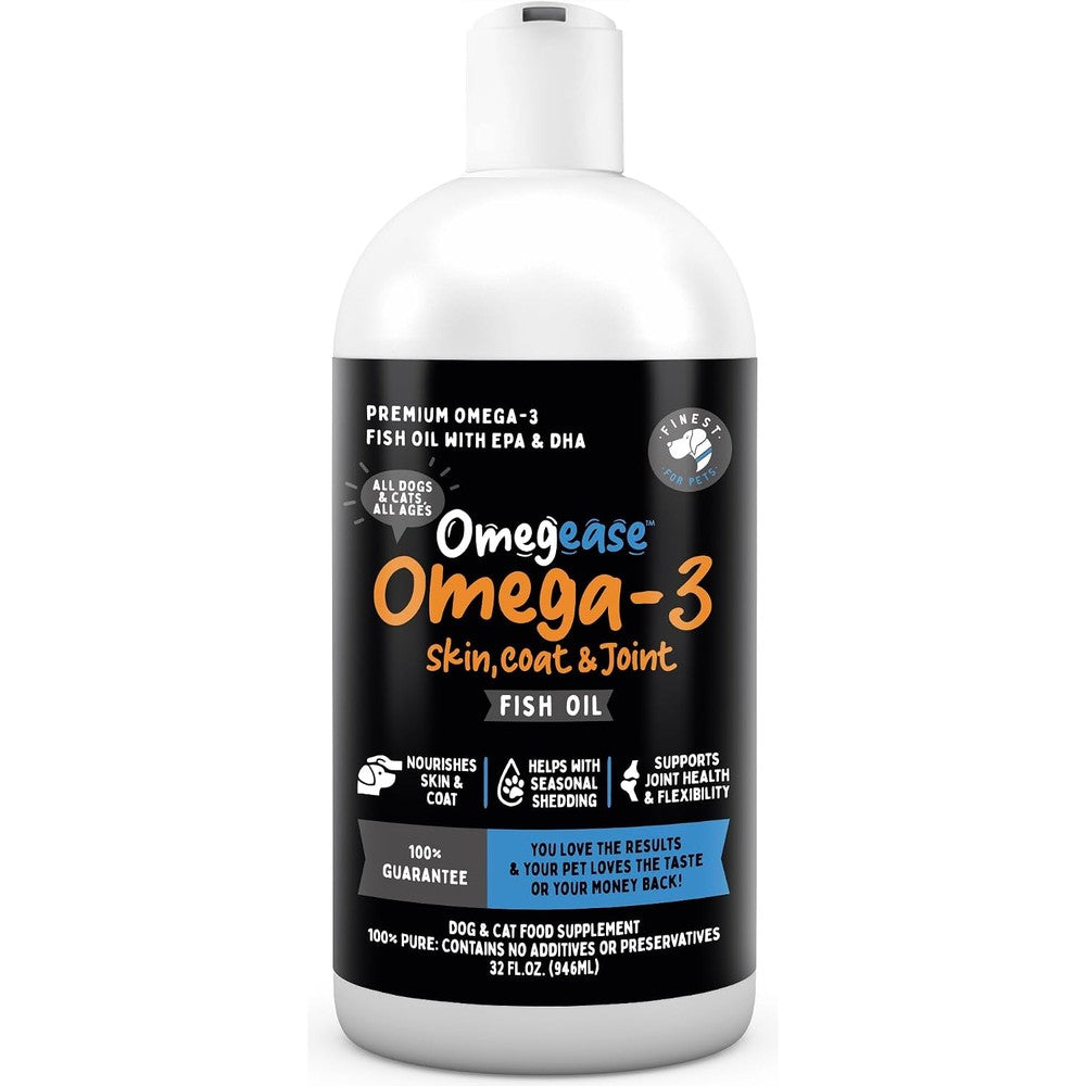 Finest For Pets Omegease 100% Pure Fish Oil Liquid Supplement For Dogs And Cats High Potency Omega 3 With EPA And DHA 32 Fluid Ounce
