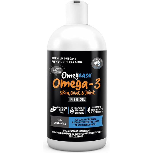 Finest For Pets Omegease 100% Pure Fish Oil Liquid Supplement For Dogs And Cats High Potency Omega 3 With EPA And DHA 32 Fluid Ounce