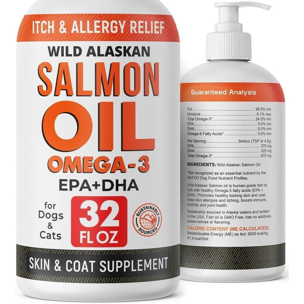 StrellaLab Wild Alaskan Salmon Oil Liquid Supplement For Dogs And Cats Omega 3 Skin And Coat Care 32 Fluid Ounce