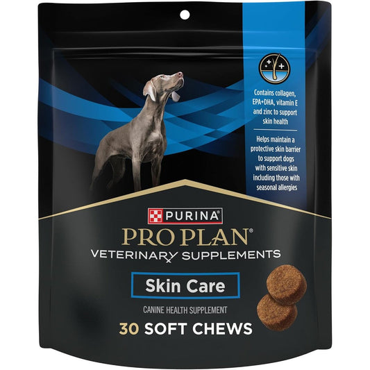 Purina Pro Plan Veterinary Supplements Skin Care Soft Chew Dog Supplement With Omega Three Fish Oil EPA And DHA For Sensitive Skin 30 Count Pouch