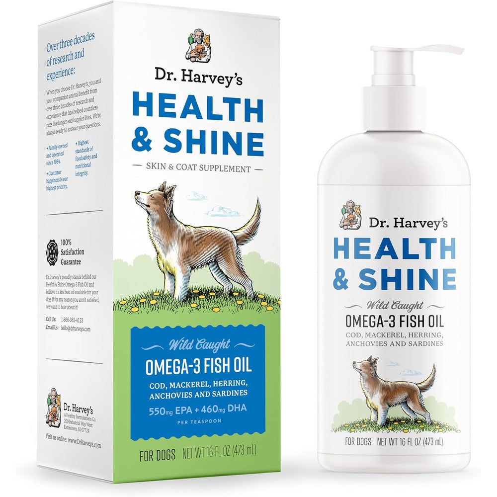 Dr. Harvey's Health and Shine Omega 3 Fish Oil for Dogs from Wild Caught Fish Sourced Skin and Coat Allergy Joint Support Supplement 16 Fluid Ounces