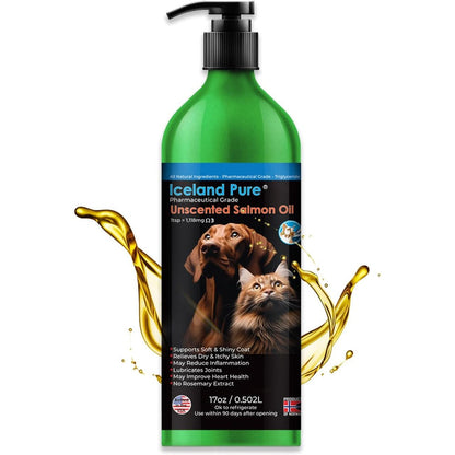 Iceland Pure Unscented Pharmaceutical Grade Salmon Oil Liquid Food Supplement For Dogs And Cats In Aluminum Pump Bottle 17 Ounce