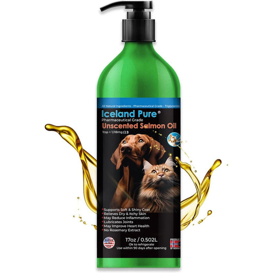 Iceland Pure Unscented Pharmaceutical Grade Salmon Oil Liquid Food Supplement For Dogs And Cats In Aluminum Pump Bottle 17 Ounce