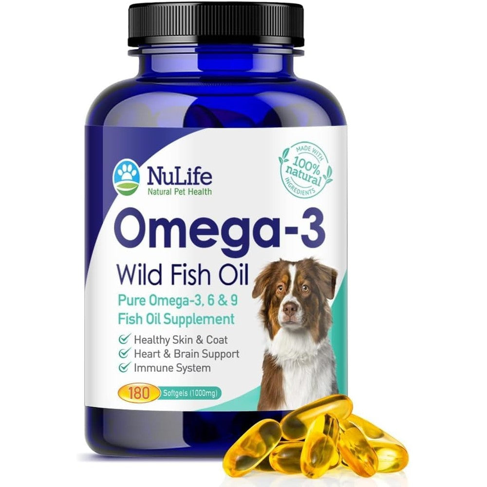 NuLife Natural Pet Health Pure Omega 3 Fish Oil For Dogs And Cats Wild Caught From Iceland Skin And Coat Supplement 1000mg 180 Softgel Capsules