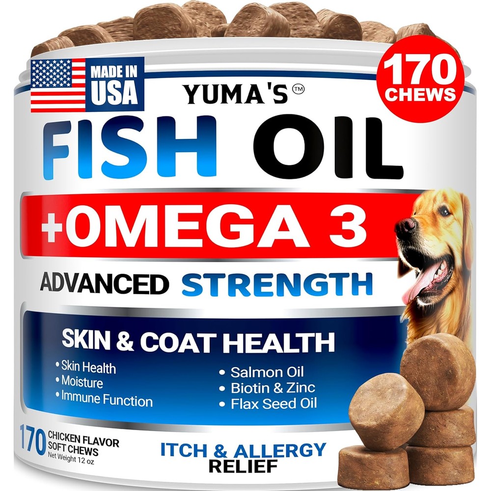 Yuma'S Omega 3 Fish Oil For Dogs Skin And Coat Supplement Salmon Oil Infused Chicken Flavor Allergy And Itchy Skin Relief Treats 170 Chews