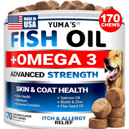 Yuma'S Omega 3 Fish Oil For Dogs Skin And Coat Supplement Salmon Oil Infused Chicken Flavor Allergy And Itchy Skin Relief Treats 170 Chews