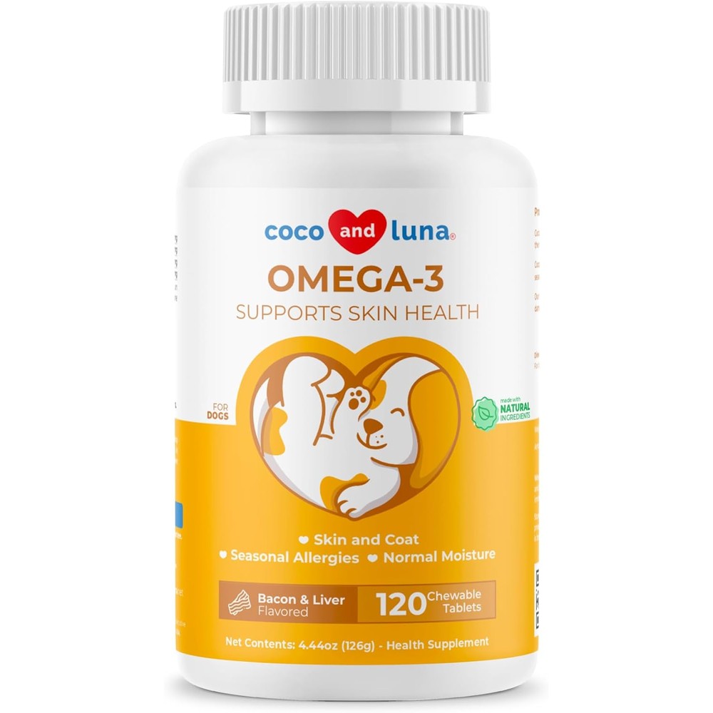 Coco And Luna Omega 3 Fish Oil For Dogs Chewable Tablets Skin Coat And Joint Support With Omega 3 6 And 9 Bacon And Liver Flavor 120 Tablets