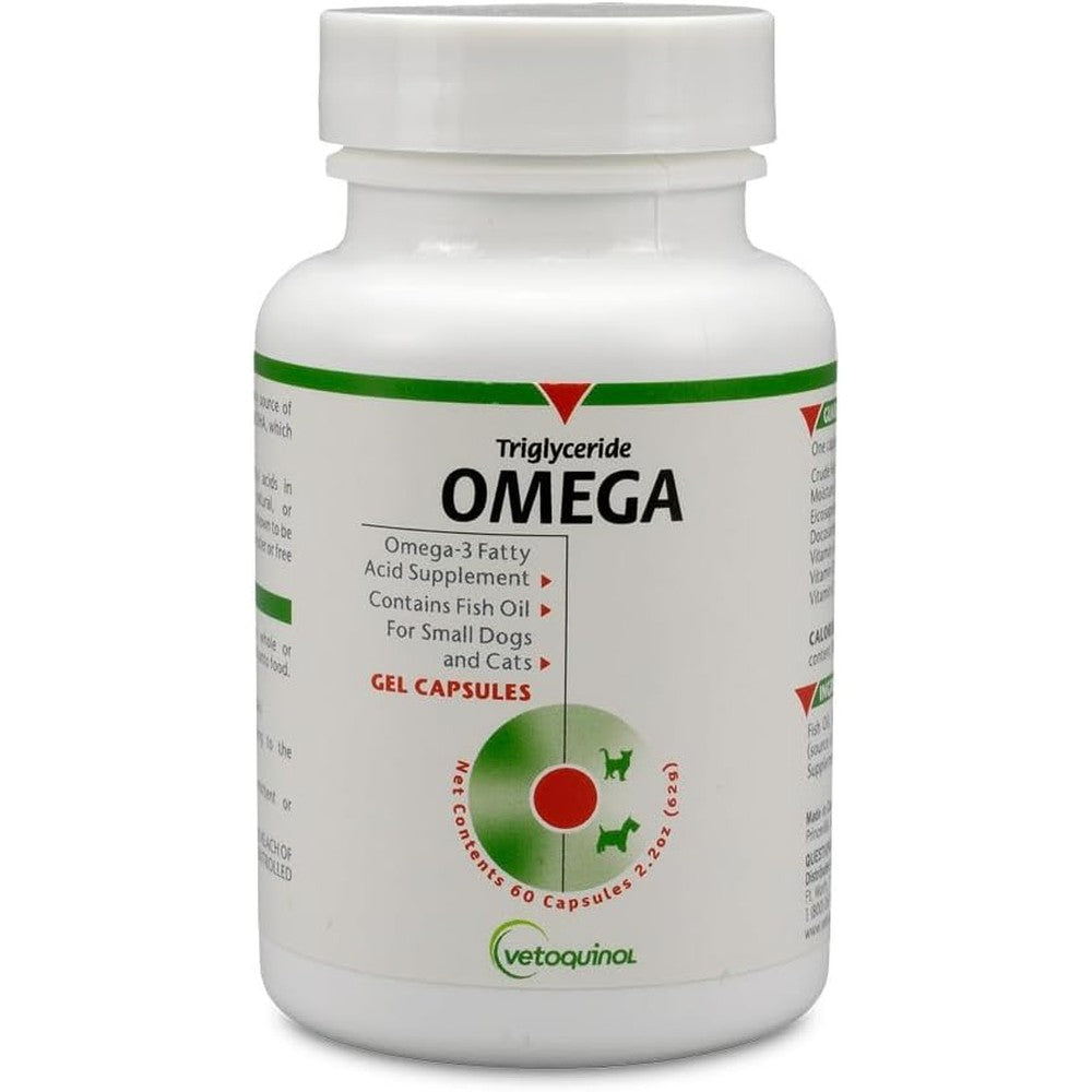Vetoquinol Triglyceride Omega Fish Oil Supplement For Small Dogs And Cats Formulated With Vitamin Blend Sixty Capsules
