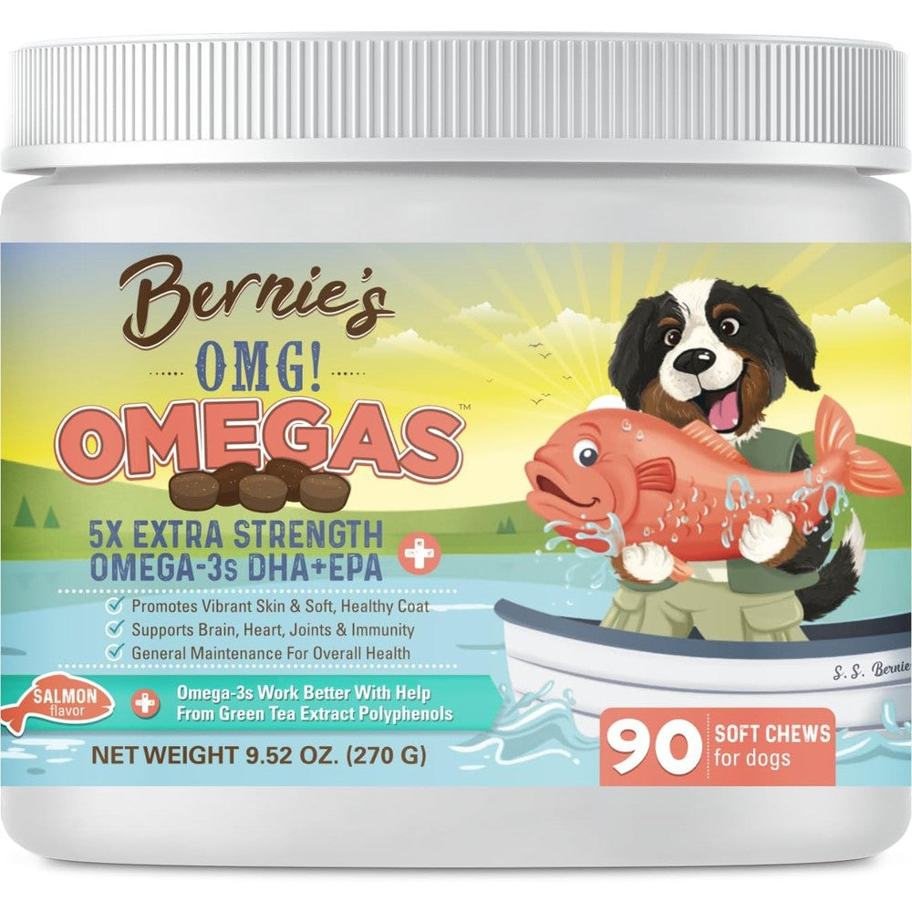 Bernie's OMG Omegas 5X Extra Strength Fish Oil Chews For Dogs DHA And EPA Salmon Flavor Skin Coat Allergy Relief Joint Supplement Ninety Count