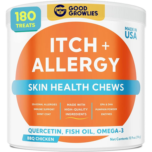 Goodgrowlies Dog Allergy Relief Chews Anti Itch Skin And Coat Supplement With Omega 3 Fish Oil Chicken Flavor 180 Count