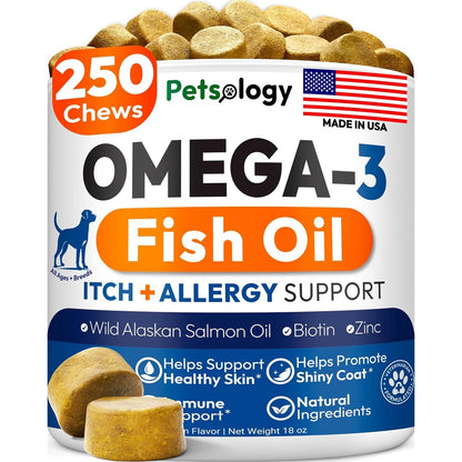 Petsology Omega 3 Fish Oil For Dogs Skin And Coat Supplement Chicken Flavor Allergy And Itch Relief Plus Probiotics Two Hundred And Fifty Soft Chews