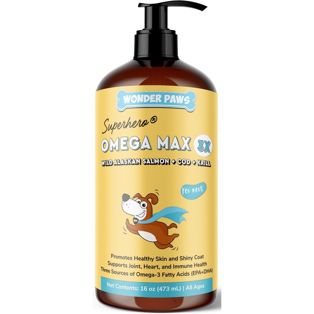 Wonder Paws Superhero Omega Max 3X Fish Oil Liquid Supplement for Dogs Wild Alaskan Salmon Cod and Krill Oil Triple Blend Sixteen Fluid Ounces