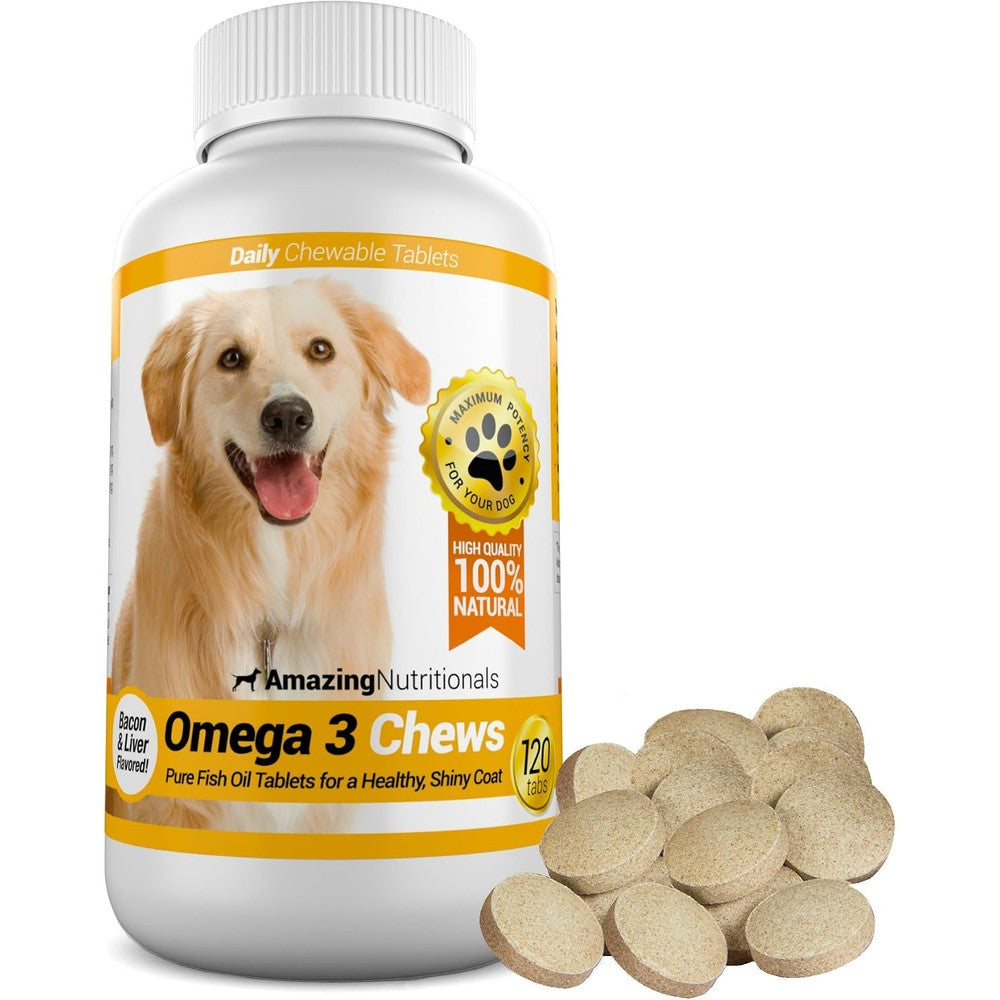 Amazing Nutritionals Amazing Omega 3 For Dogs Pure Fish Oil Supplement For Skin And Coat Support Bacon Flavor 120 Chewable Tablets