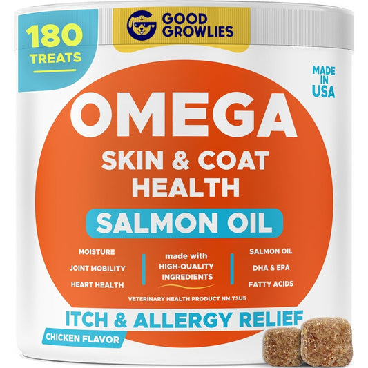GoodGrowlies Omega 3 Alaskan Fish Oil For Dogs Skin And Coat Chews Dry And Itchy Skin Allergy Relief Plus Hip And Joint Support Supplement 180 Count