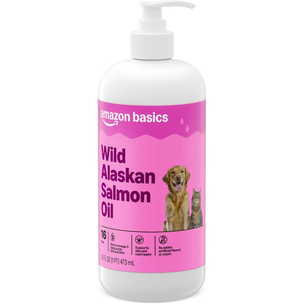 Amazon Basics Wild Alaskan Salmon Oil Skin and Coat Support Omega 3 Supplement for Dogs and Cats 16 Fluid Ounce