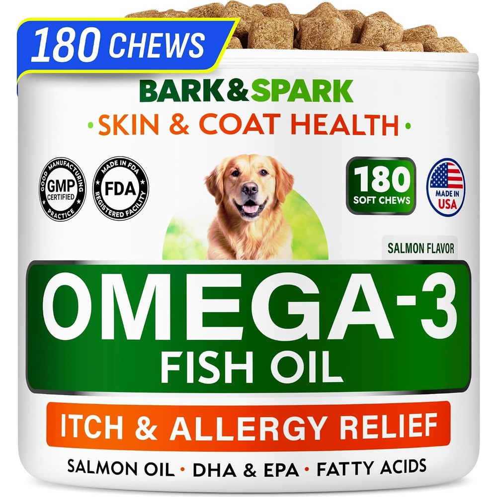 Bark&Spark Omega 3 Fish Oil Treats For Dogs And Cats Shedding Skin Allergy And Itch Relief Supplement For Joint Health Salmon Flavor 180 Count