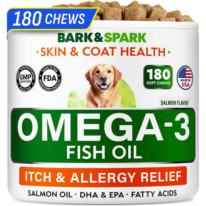 Bark&Spark Omega 3 Fish Oil Treats For Dogs And Cats Shedding Skin Allergy And Itch Relief Supplement For Joint Health Salmon Flavor 180 Count