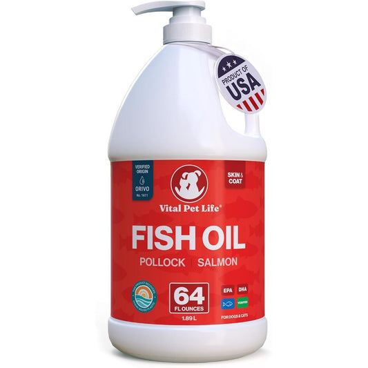 Vital Pet Life Salmon And Pollock Fish Oil Liquid Omega Three Supplement For Dogs And Cats Healthy Skin Coat And Joint Support Sixty Four Fluid Ounces