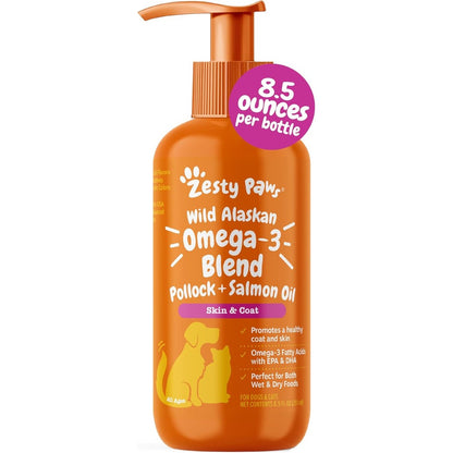 Zesty Paws Wild Alaskan Omega-3 Blend Pollock And Salmon Oil Liquid Food Supplement For Dogs And Cats Skin And Coat Support 8.5 Ounces
