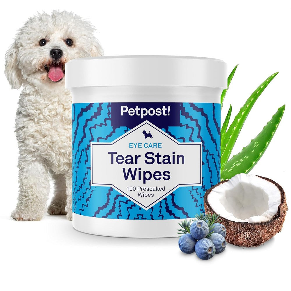 Petpost Tear Stain Remover Wipes for Dogs 100 Count Gentle Eye Crust Treatment Pads With Juniper Berry and Coconut Oil
