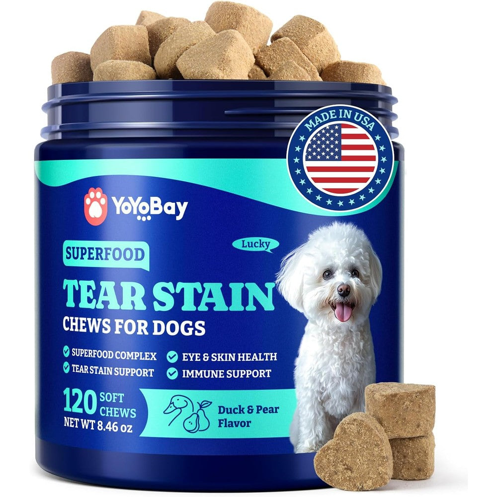 YoYoBay Tear Stain Support Soft Chews For Dogs Eye Health Vitamin Lutein Omega Three Superfood Blend Duck And Pear Flavor 120 Count