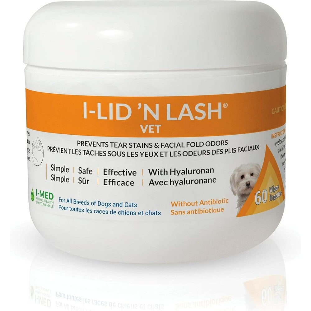 I-LID 'N LASH Vet Dog Eye Wipes For Tear Stain Prevention And Ocular Hygiene Cleansing With Hyaluronan 60 Wipes