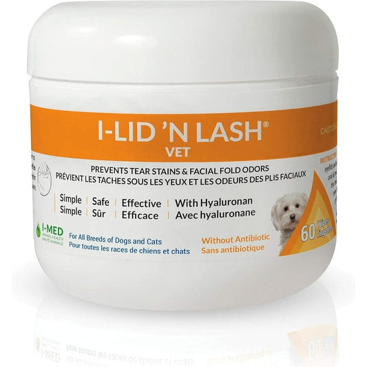 I-LID 'N LASH Vet Dog Eye Wipes For Tear Stain Prevention And Ocular Hygiene Cleansing With Hyaluronan 60 Wipes