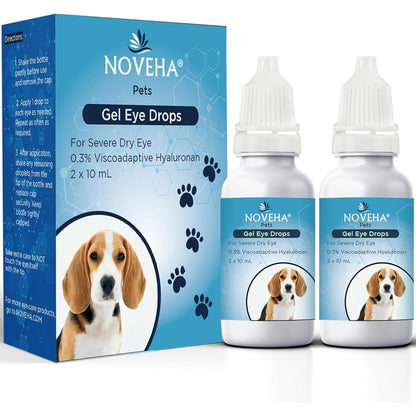 NOVEHA Pet Gel Eye Drops With 0.3% Viscoadaptive Hyaluronan For Severe Dry Eyes Two Packs Of 10 Milliliters