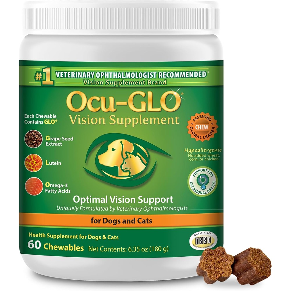 Ocu-GLO Cat And Dog Supplement For Eye Support Chewable Vision Vitamins With Lutein Omega Three Fatty Acids And Antioxidants Sixty Chewables