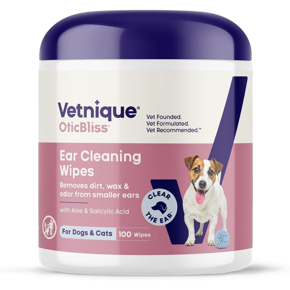 Vetnique Oticbliss Advanced Cleaning Ear Wipes For Dogs And Cats With Aloe Vera And Vitamin E, One Hundred Count
