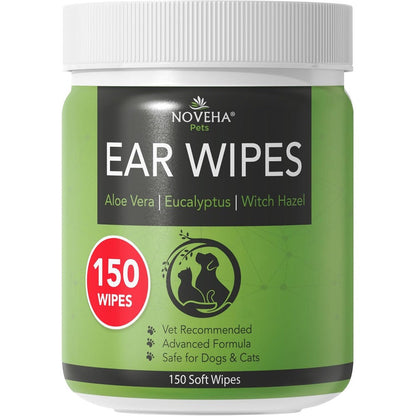 Noveha Dog Ear Cleaner Wipes For Dogs And Cats 150 Count Daily Otic Cleanser For Itching Dirt Wax Removal With Aloe Eucalyptus And Witch Hazel