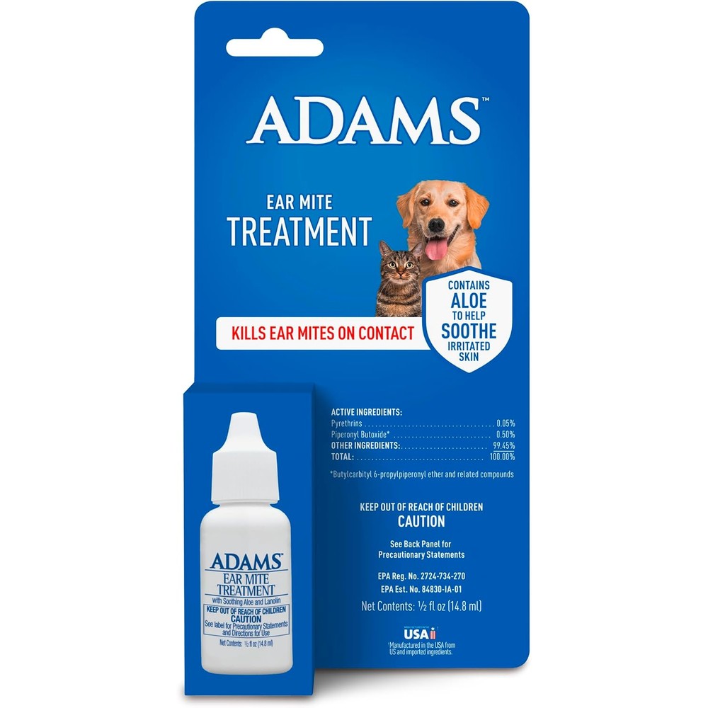 Adams Ear Mite Treatment For Dogs And Cats Over 12 Weeks Old, Kills Ear Mites On Contact With Soothing Aloe And Lanolin, 0.5 Fluid Ounce