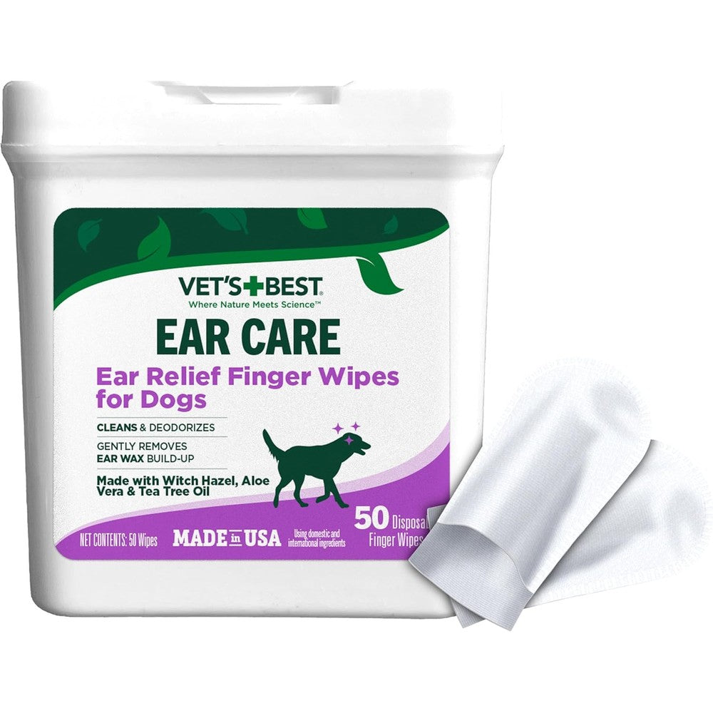 Vet's Best Ear Relief Finger Wipes For Dogs, Ear Cleansing Wipes To Soothe And Deodorize, 50 Disposable Wipes