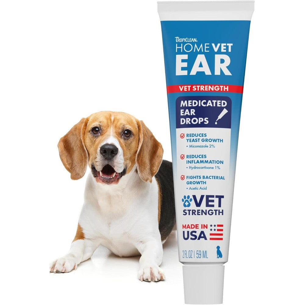 TropiClean HomeVet Medicated Ear Drops For Dogs, Vet Recommended Yeast And Fungal Treatment, Daily Dog Ear Cleaner, Made In USA, 2 Fluid Ounces
