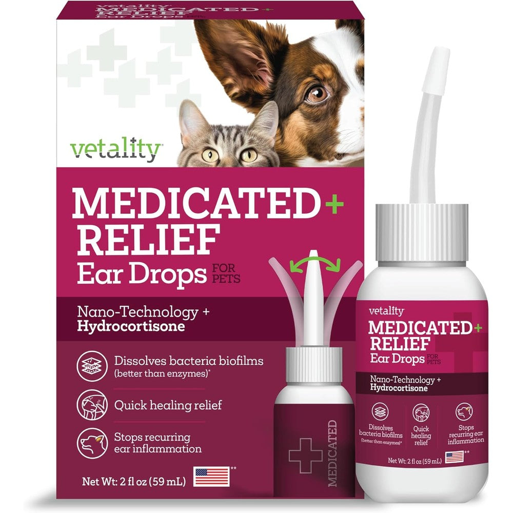 Vetality Medicated Otic Drops For Dog And Cat Ear Infection Treatment With Hydrocortisone And Nano-Technology 2 Fluid Ounces