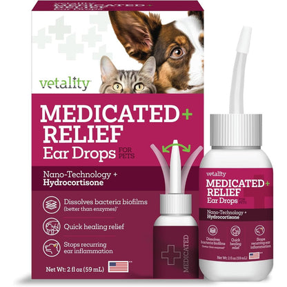 Vetality Medicated Otic Drops For Dog And Cat Ear Infection Treatment With Hydrocortisone And Nano-Technology 2 Fluid Ounces