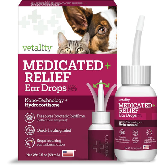 Vetality Medicated Otic Drops For Dog And Cat Ear Infection Treatment With Hydrocortisone And Nano-Technology 2 Fluid Ounces
