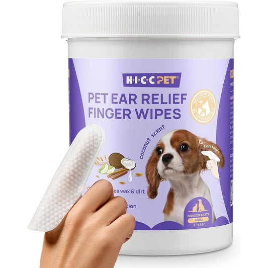 Hicc Pet Ear Cleaner Finger Wipes For Dogs And Cats, Hypoallergenic Coconut Scented Ear Wax Removal And Itch Relief, 50 Count