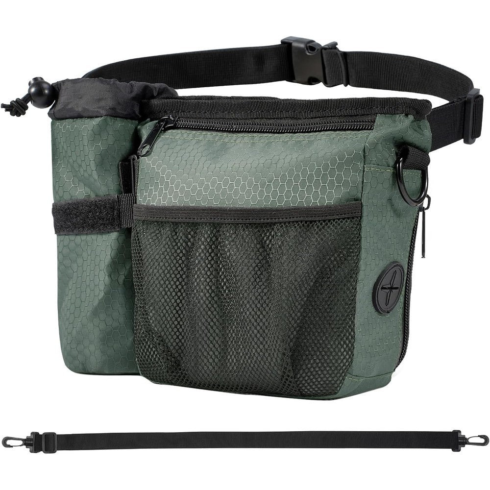 Erhalithegro Dog Treat Training Pouch With Magnetic Zipper Closure And Poop Bag Dispenser In Grayish Green With Side Water Bottle Pocket
