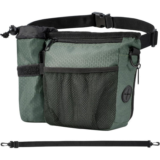 Erhalithegro Dog Treat Training Pouch With Magnetic Zipper Closure And Poop Bag Dispenser In Grayish Green With Side Water Bottle Pocket