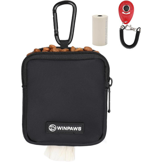 Winpaws Newly Upgraded Small Pet Training Bag and Dog Treat Pouch with Training Clicker Waterproof Nylon Fabric and Poop Bag Holder Black